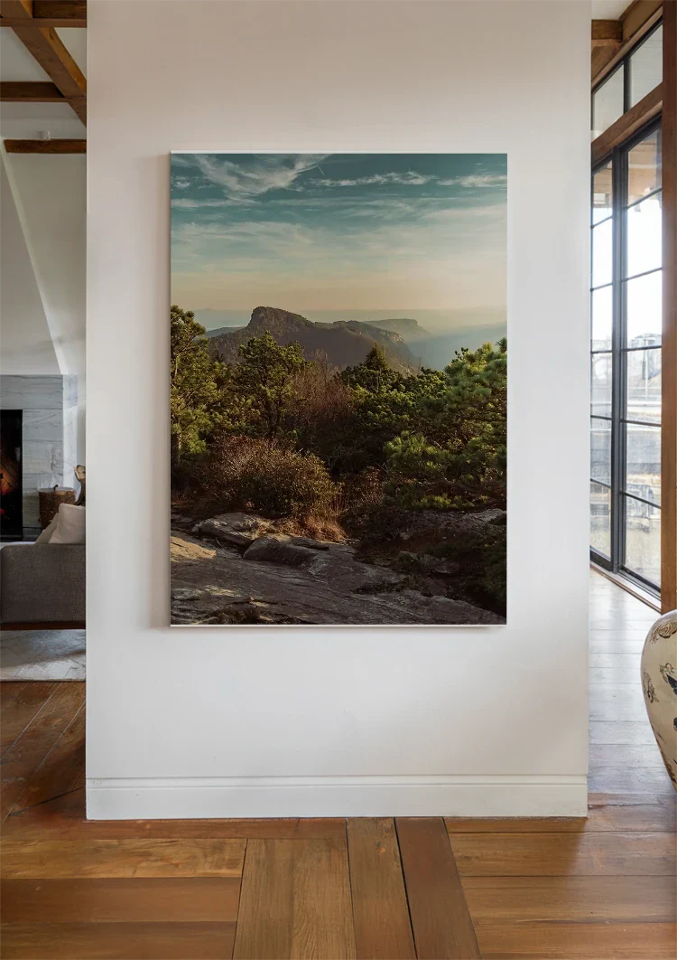 Rocky Mountain Peaks with Green Trees and Sunset Sky Painting