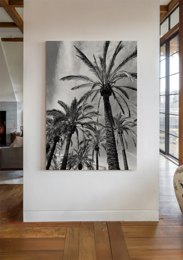 Tall Palm Trees Black White Photography Style Tropical Nature Painting
