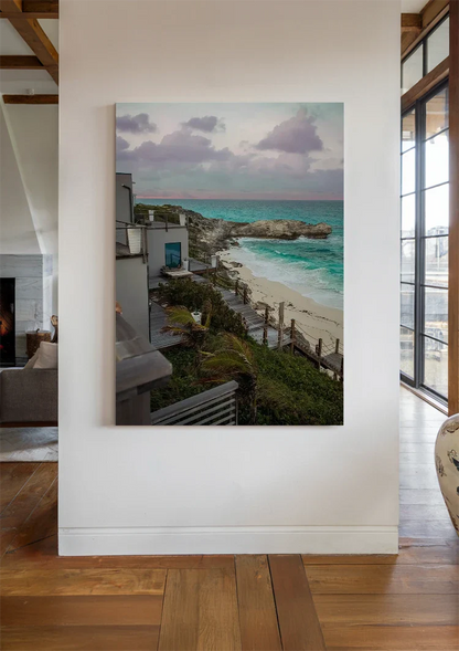 Rocky Coastline with Turquoise Seawater and Sandy Beach Painting
