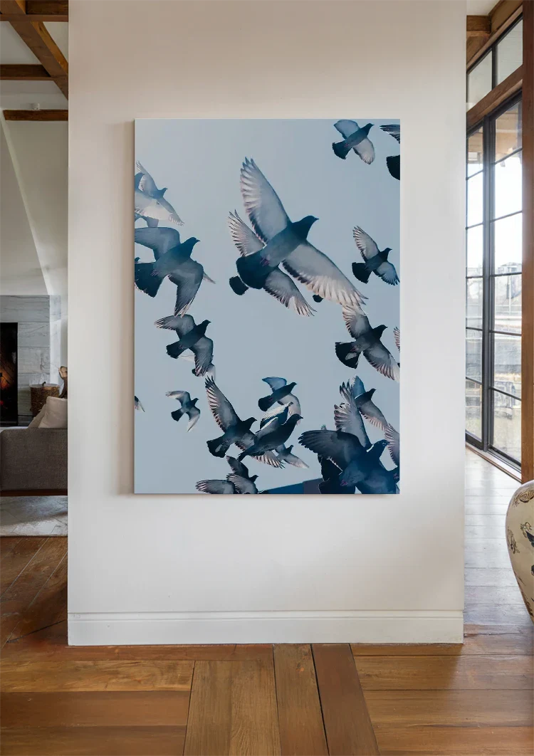 Swarm of Flying Pigeons Against Blue Sky Painting