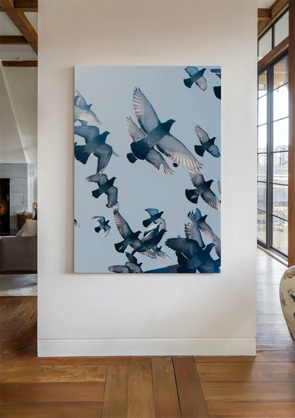 Swarm of Flying Pigeons Against Blue Sky Painting