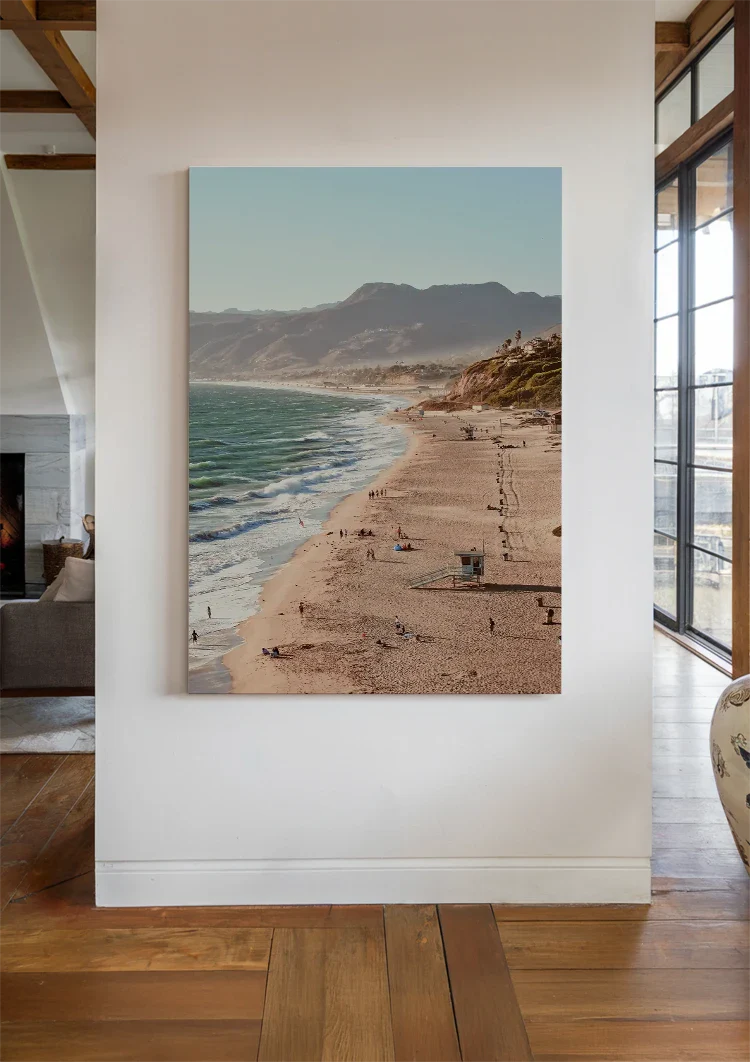 Coastline Sandy beach Mountains Sea Sunny Landscape Painting
