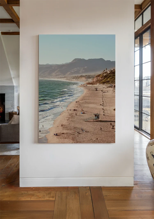 Coastline Sandy beach Mountains Sea Sunny Landscape Painting