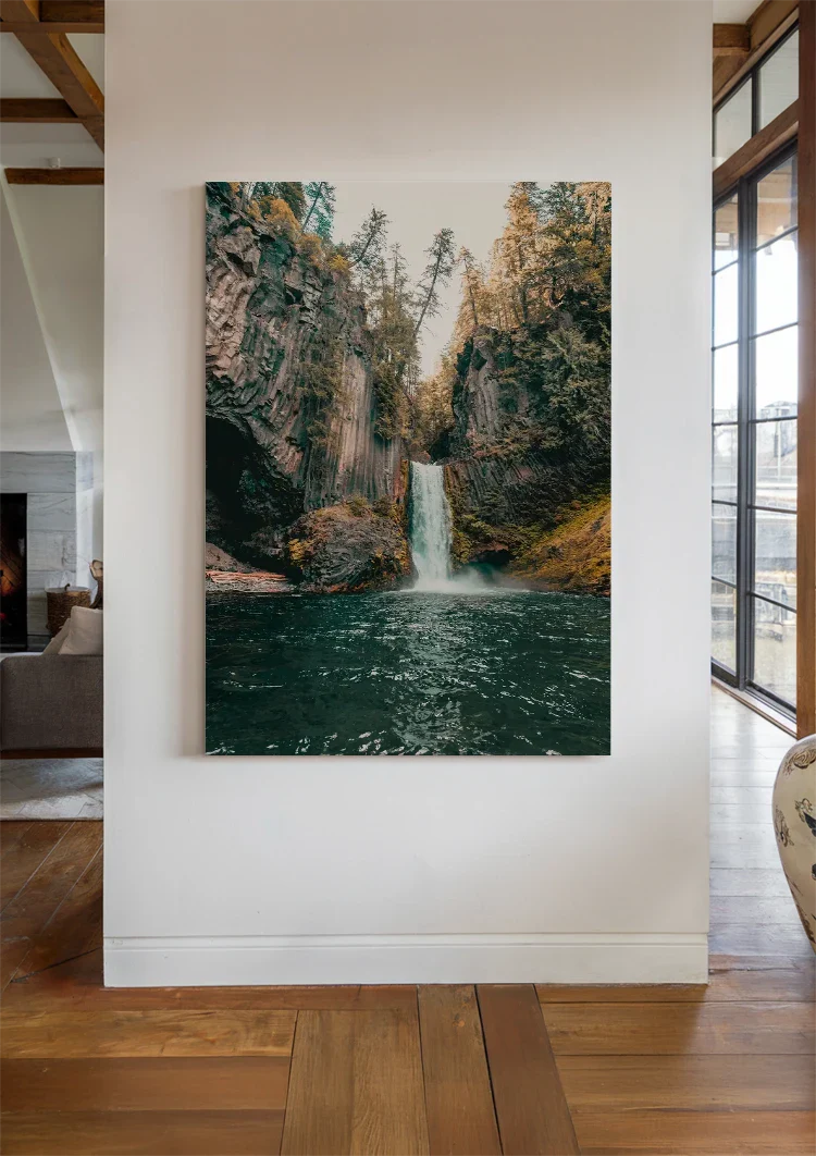 Waterfall Between High Rocks And Trees Nature Painting