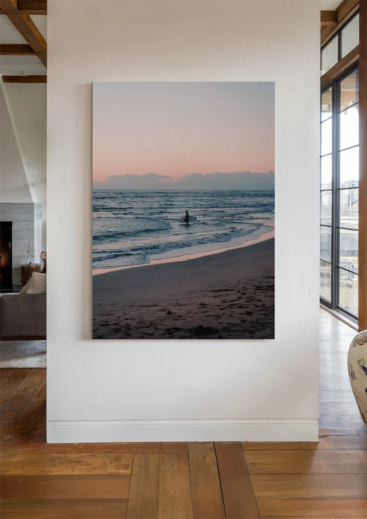 Surfer Zonsondergang Strand Oceaan Roze Lucht Schilderij