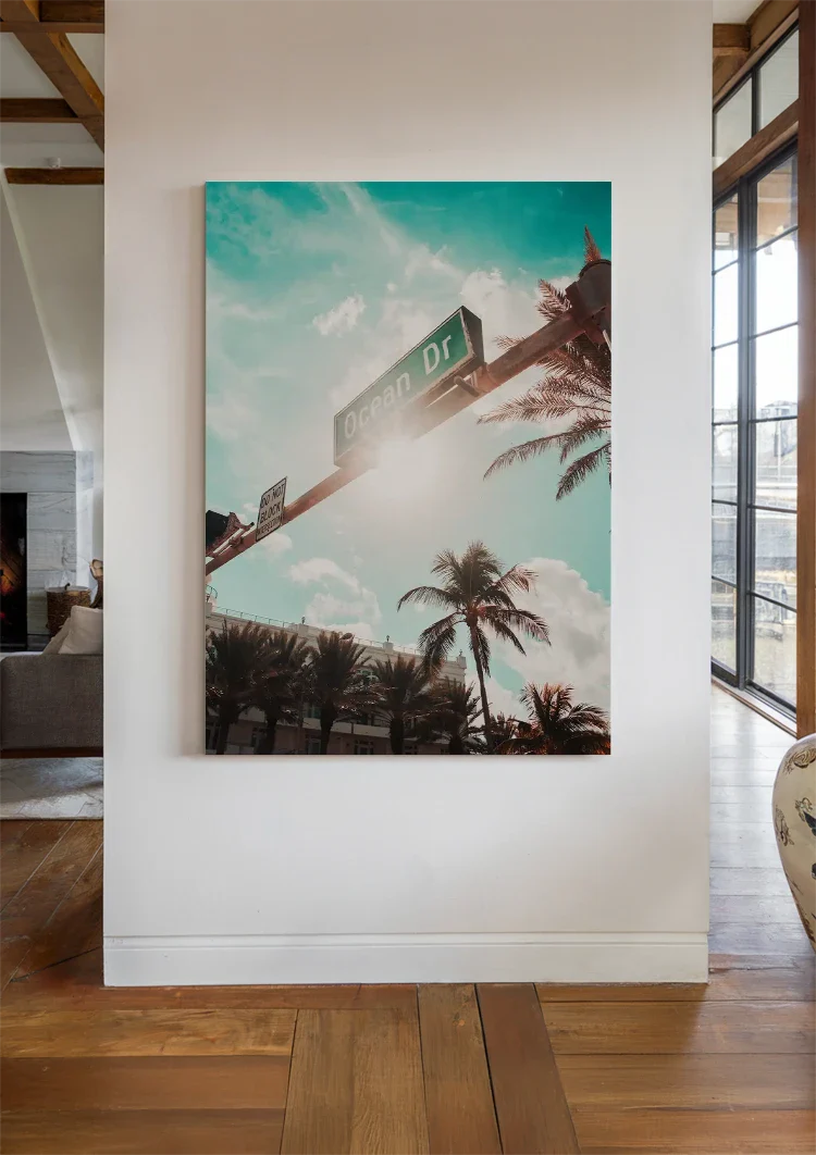 Ocean Drive Straßenschild Palmen Sonnige Himmelsmalerei