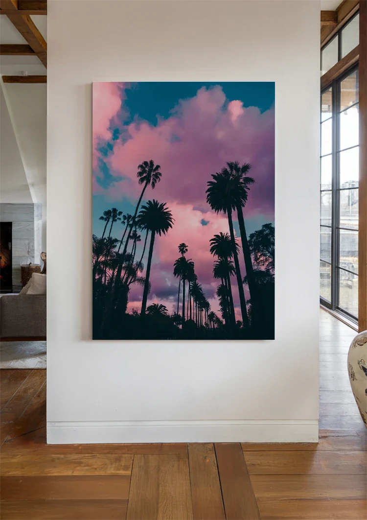 Palm Trees Against Pink Purple Cloud Sky Tropical Sunset Painting