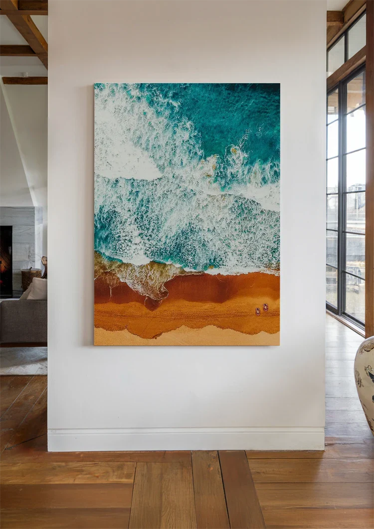 Turquoise Golven Op Goudbruin Strand Bovenaanzicht Schilderij