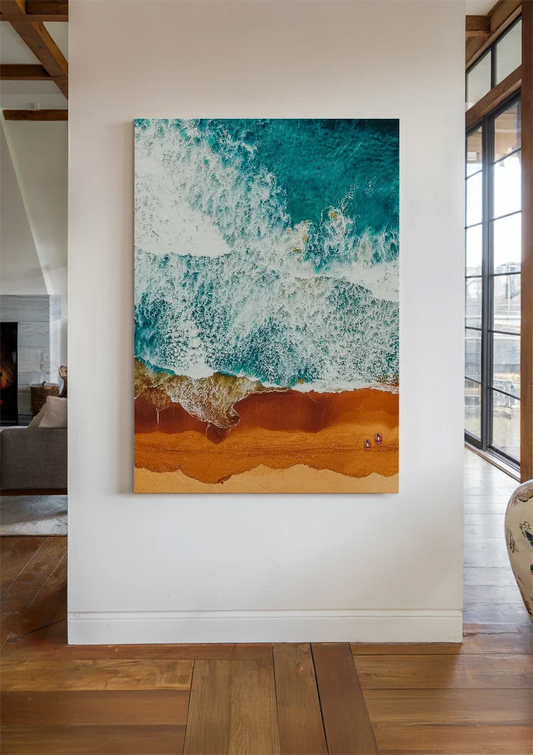 Turquoise Golven Op Goudbruin Strand Bovenaanzicht Canvas Schilderij
