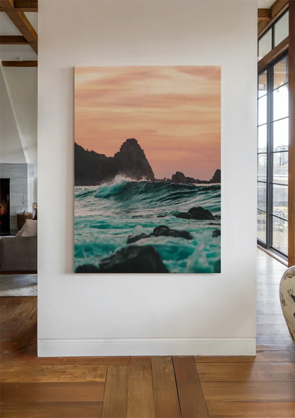Woeste Zee Turquoise Golven Rotsen Zonsondergang Zeegezicht Schilderij