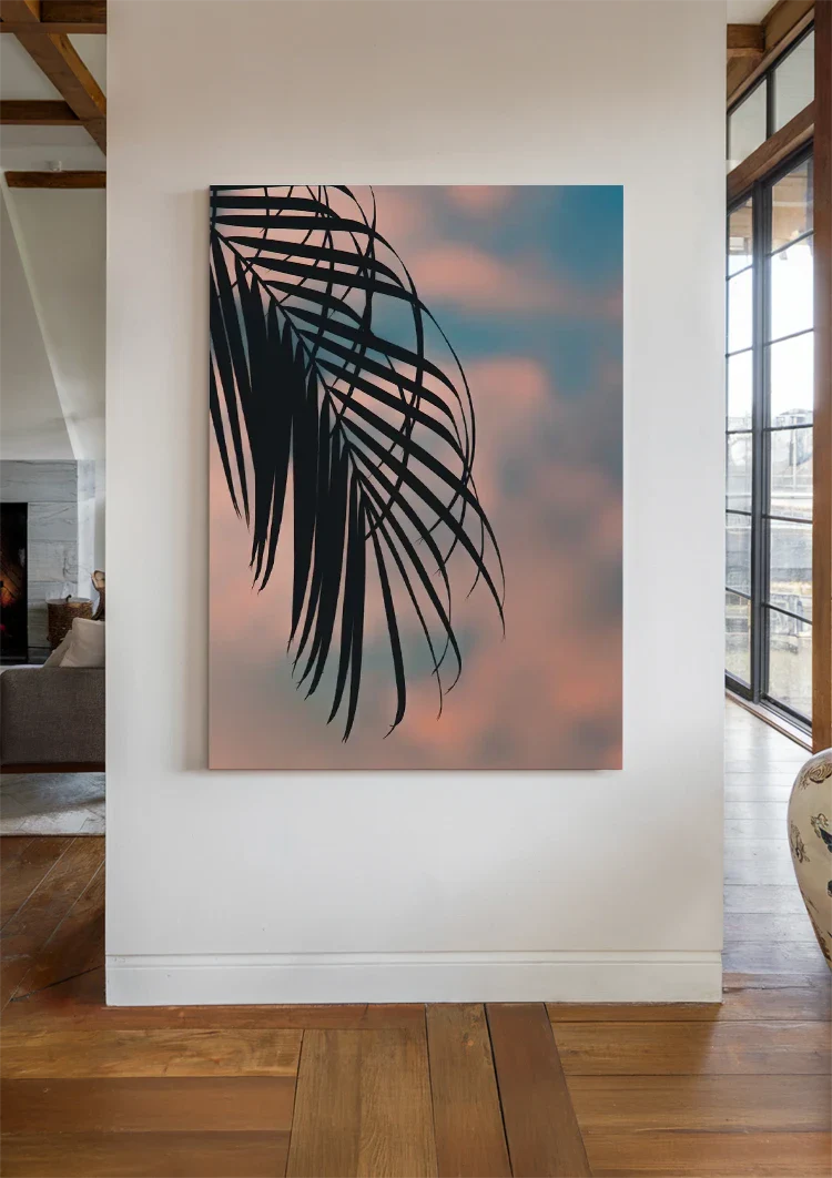 Palmbladsilhouet Pastel Zonsondergang Hemel Tropisch Schilderij