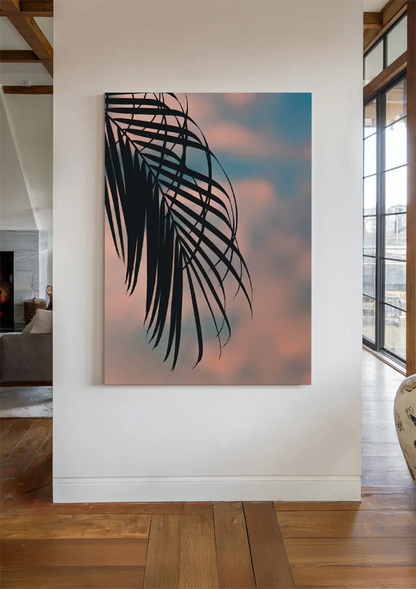 Palmbladsilhouet Pastel Zonsondergang Hemel Tropisch Schilderij