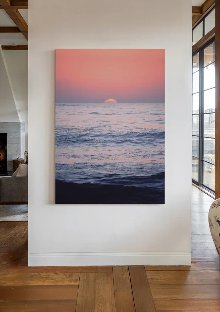 Pink Sunset Ocean Horizon Calm Seascape Painting