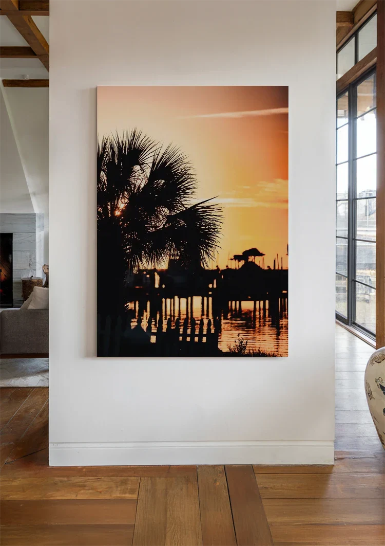 Palmboom Silhouet Gouden Zonsondergang Water Romantisch Schilderij