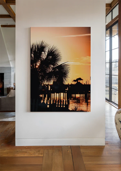 Palmboom Silhouet Gouden Zonsondergang Water Romantisch Schilderij