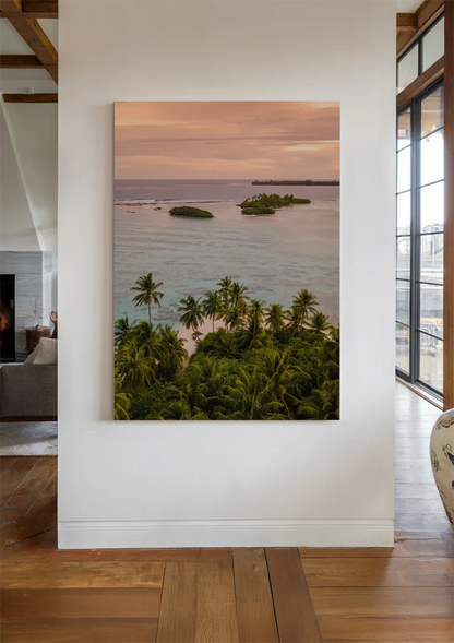 Tropical View With Palm Trees And Islands At Dusk Painting