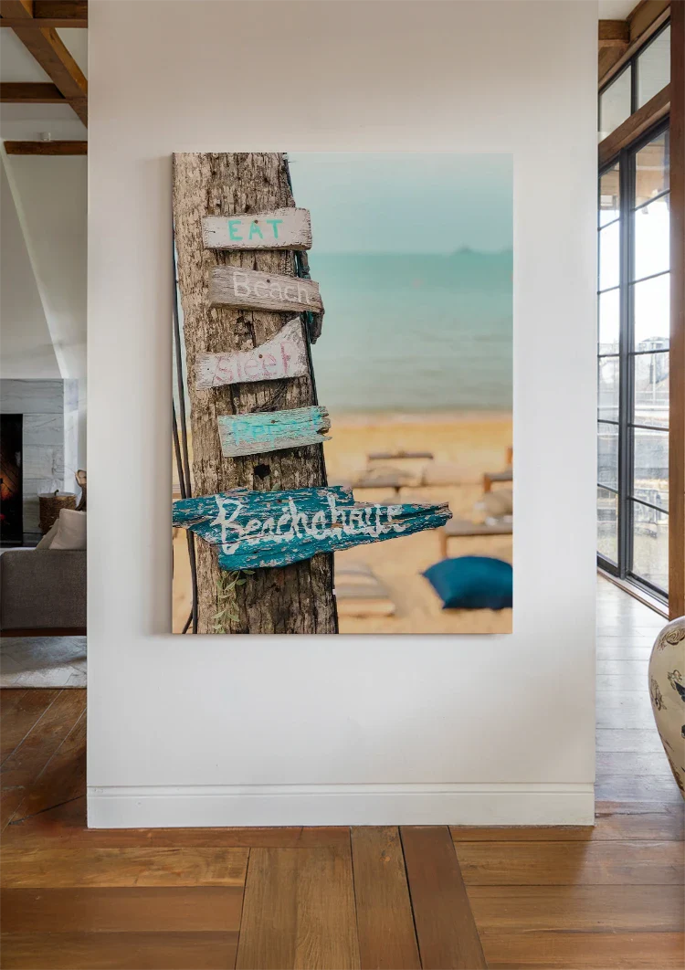 Palm Tree Wooden Signpost Tropical Beach Turquoise Sea Painting