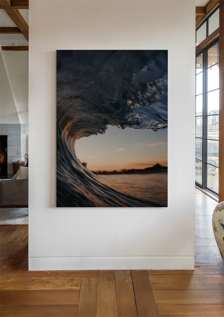 Binnenkant Van Een Golf Bij Zonsondergang Barrel Perspectief Schilderij