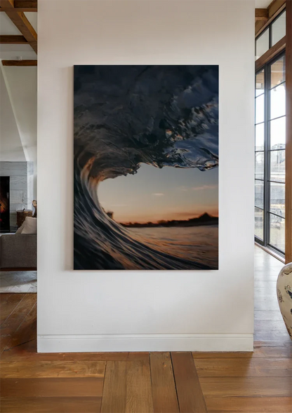 Binnenkant Van Een Golf Bij Zonsondergang Barrel Perspectief Schilderij