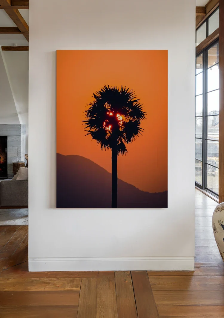 Palm Tree Silhouette Orange Sunset Sun Through Leaves Painting
