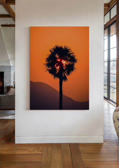 Palm Tree Silhouette Orange Sunset Sun Through Leaves Painting