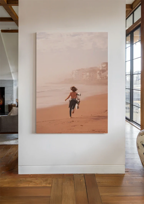 Surfer Boy Running on Beach with Surfboard Warm Tones Painting
