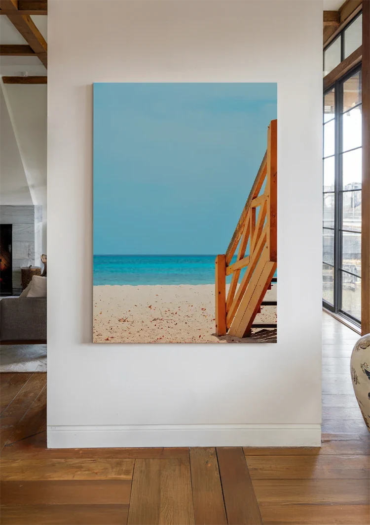 Verlassener Strand Holztreppe Türkises Meer Sommer Gemälde