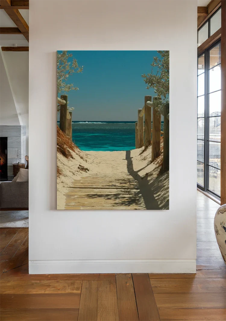 Sandy Path To Turquoise Sea Wooden Posts Coastal Landscape Painting