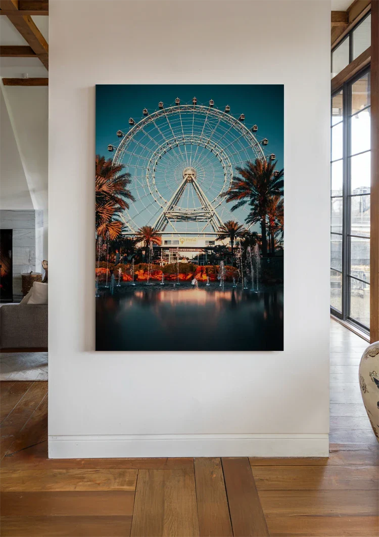 Beleuchtetes Riesenrad Palmen Abenddämmerung Spiegelung Gemälde