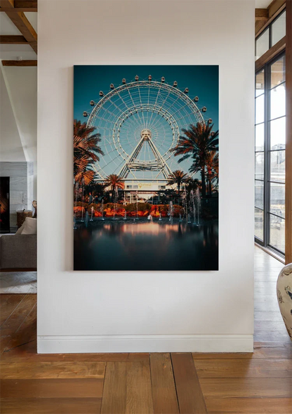 Beleuchtetes Riesenrad Palmen Abenddämmerung Spiegelung Gemälde