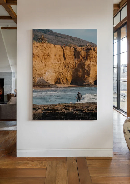 Surfer at Golden Cliffs Ocean Waves Coastal Landscape Painting