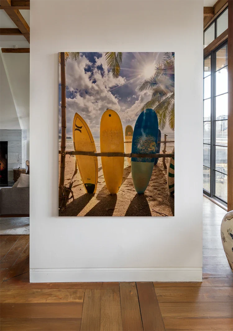 Bunte Surfbretter Tropischer Strand Palmen Sommer Gemälde