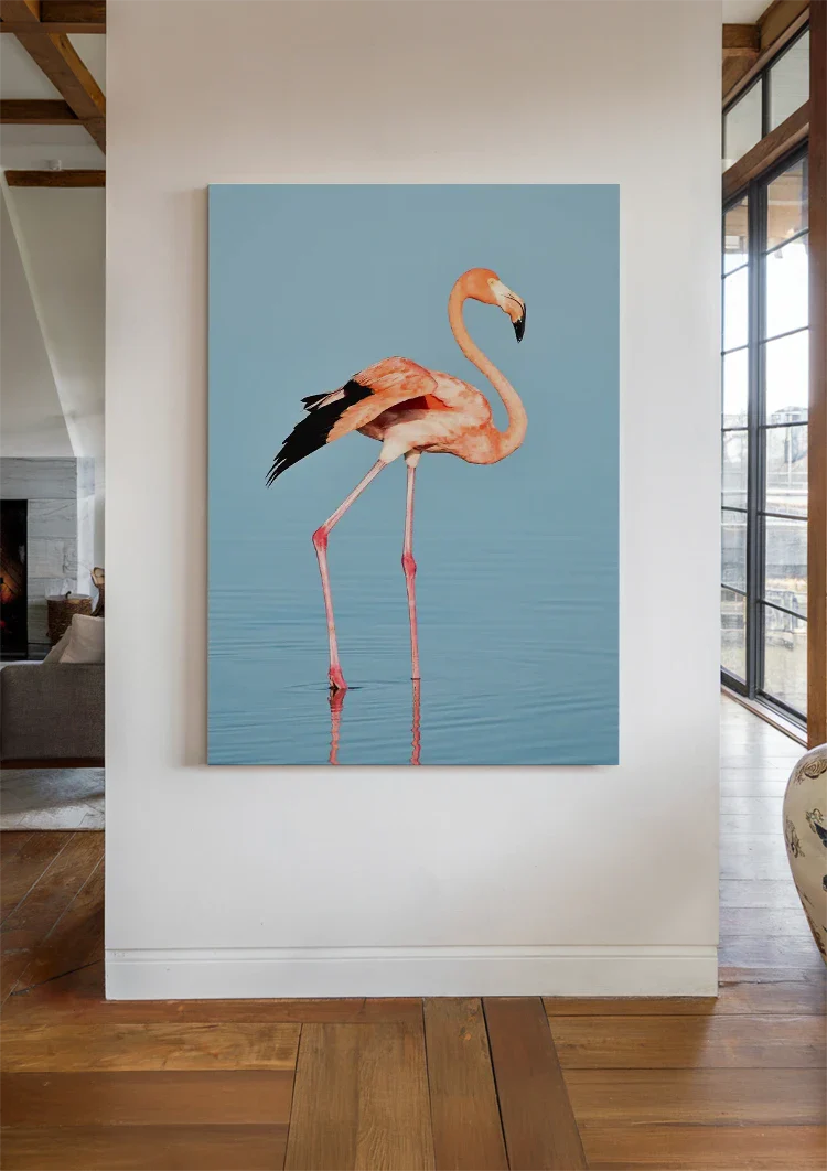 Roze Flamingo Blauw Water Minimalistische Vogel Natuur Schilderij