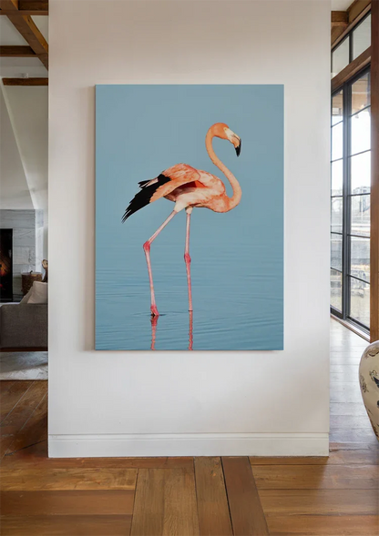 Roze Flamingo Blauw Water Minimalistische Vogel Natuur Schilderij