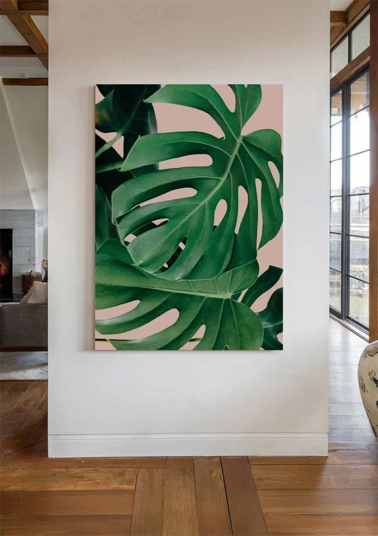 Monstera Bladeren Levendig Groen Roze Achtergrond Botanisch Tropisch Schilderij