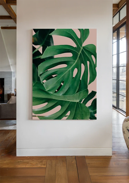 Monstera Bladeren Levendig Groen Roze Achtergrond Botanisch Tropisch Schilderij