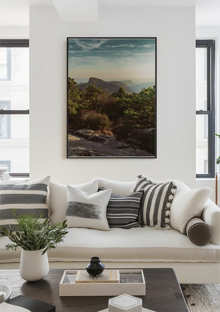 Rocky Mountain Peaks with Green Trees and Sunset Sky Painting