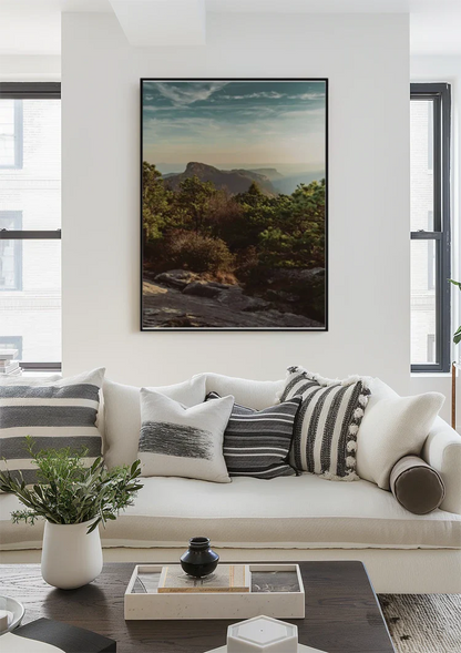 Rocky Mountain Peaks with Green Trees and Sunset Sky Painting