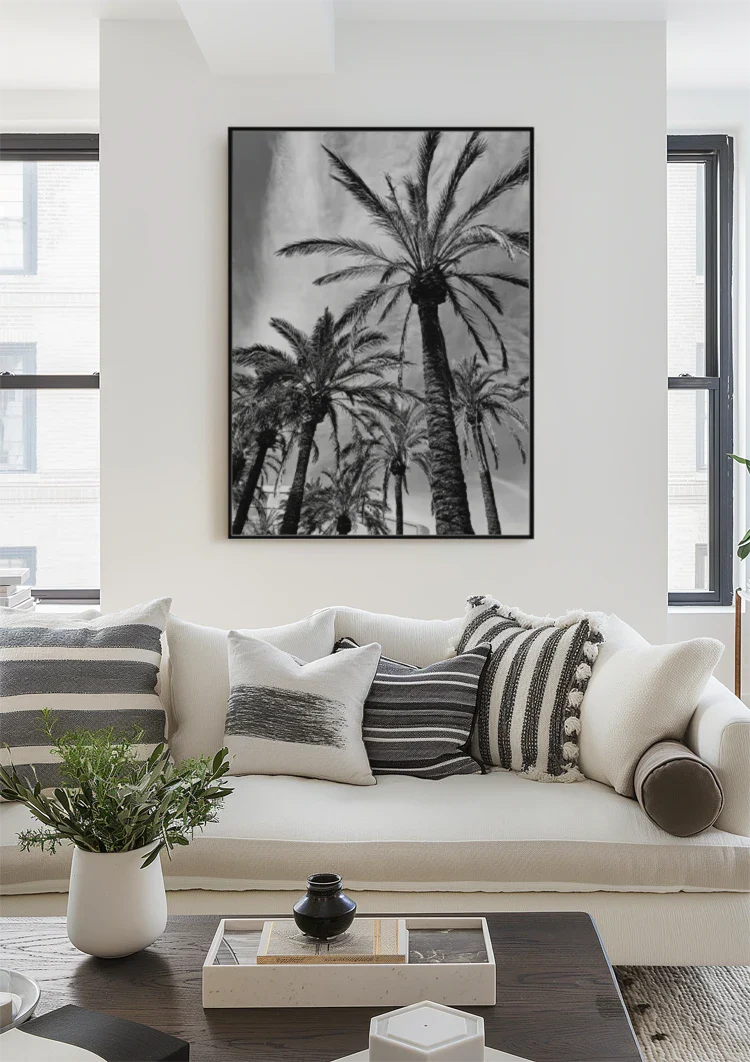 Tall Palm Trees Black White Photography Style Tropical Nature Painting