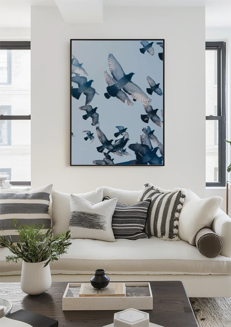 Swarm of Flying Pigeons Against Blue Sky Painting