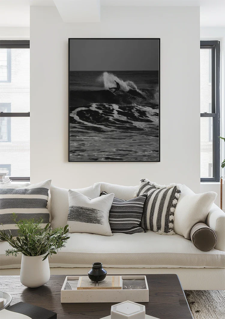 Surfer Op Grote Golf Zwart Wit Oceaan Schilderij