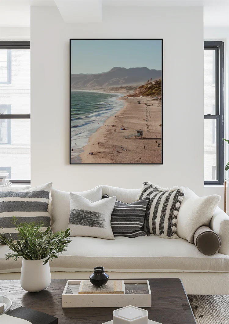 Coastline Sandy beach Mountains Sea Sunny Landscape Painting