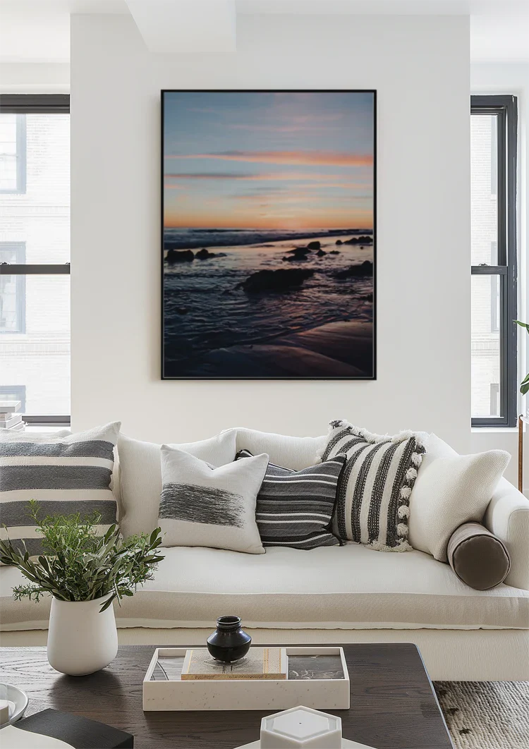 Sonnenuntergang Meer Felsen Lila Himmel Küstenlandschaft Gemälde
