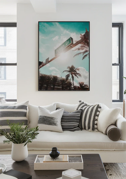 Ocean Drive Straßenschild Palmen Sonnige Himmelsmalerei