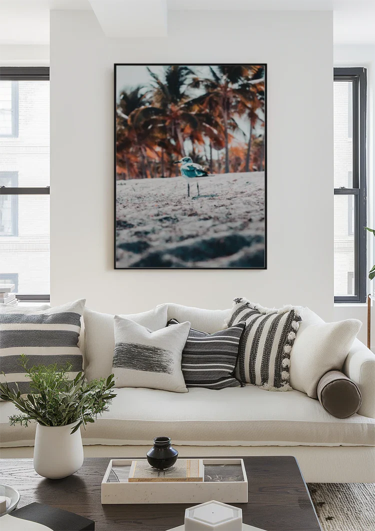 Strandvogel Palmbomen Tropisch Zandstrand Natuur Schilderij