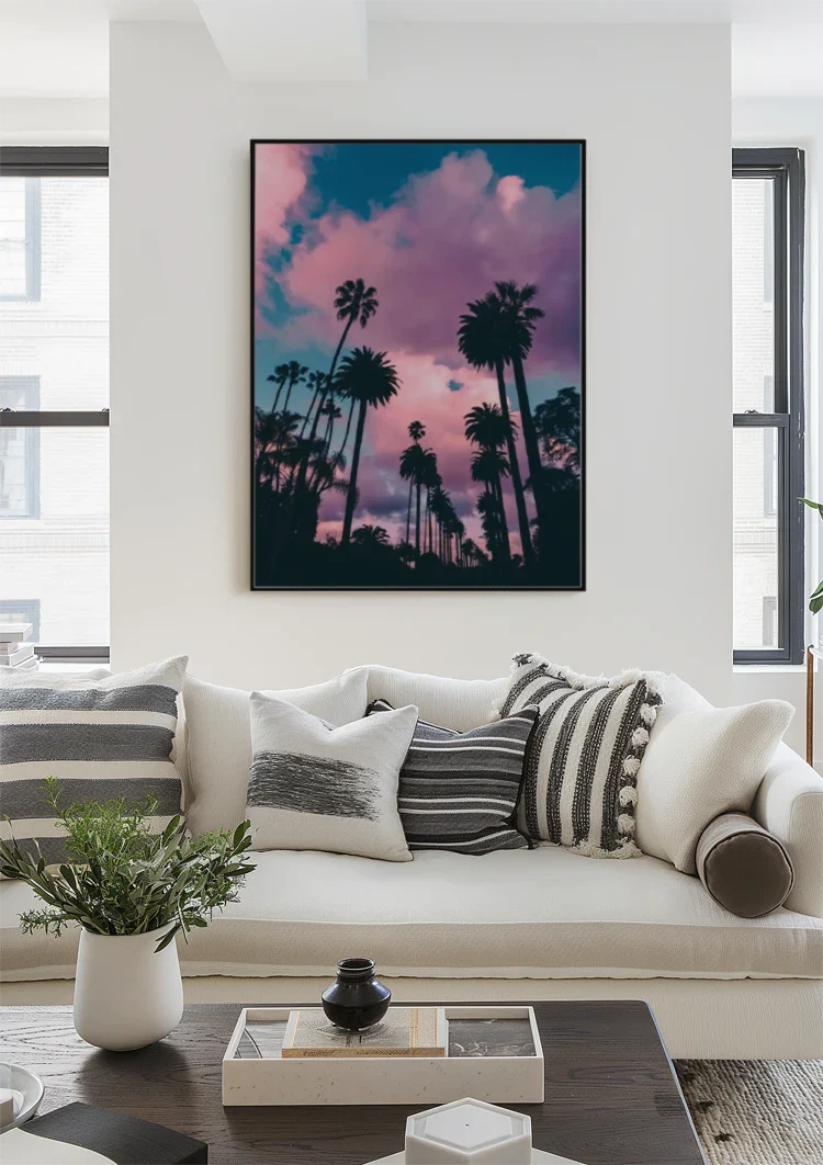 Palm Trees Against Pink Purple Cloud Sky Tropical Sunset Painting