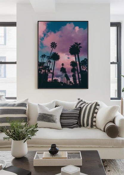 Palm Trees Against Pink Purple Cloud Sky Tropical Sunset Painting