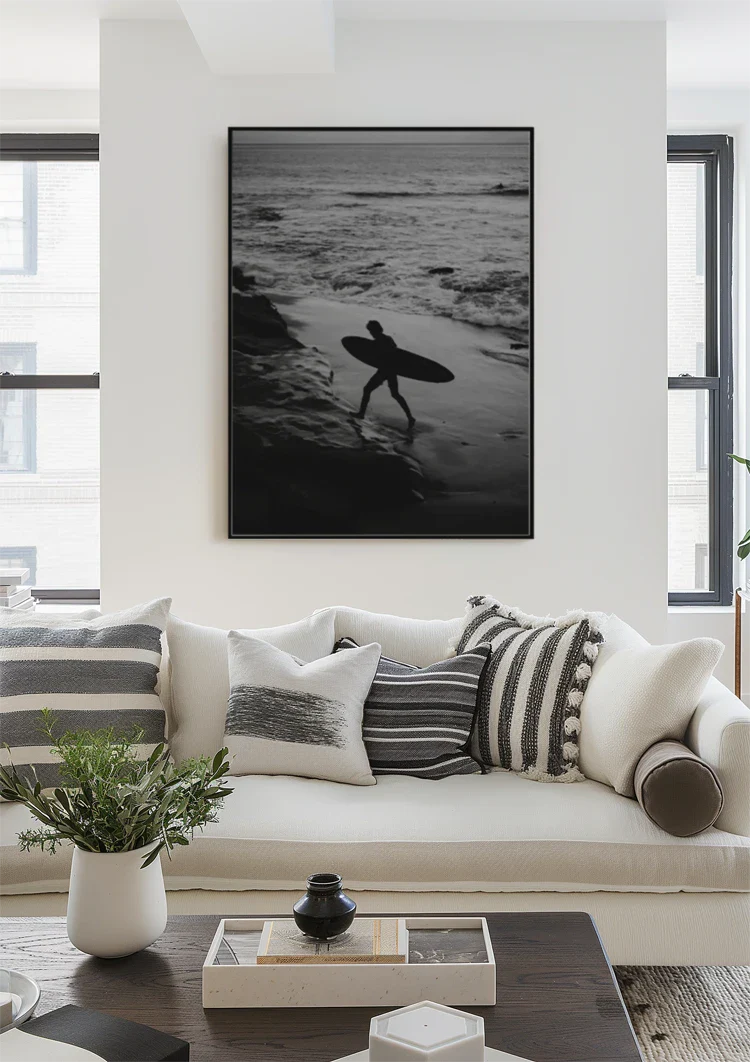 Surfer with Surfboard on Rocky Coast Black and White Ocean Painting