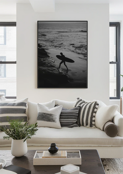Surfer with Surfboard on Rocky Coast Black and White Ocean Painting