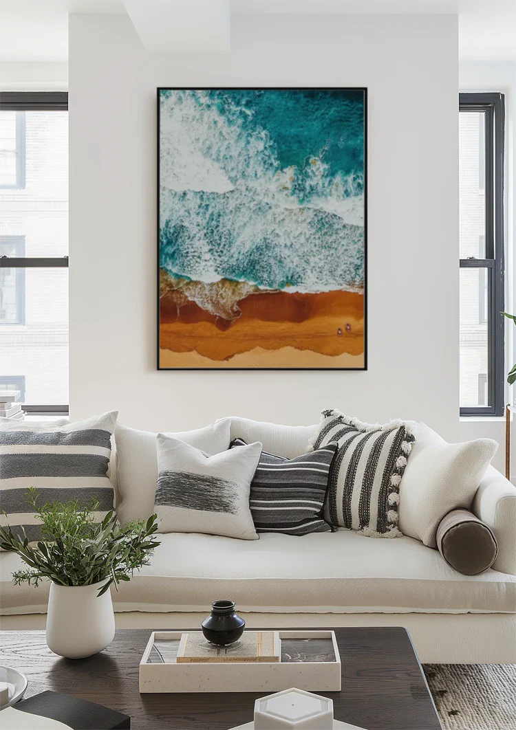 Turquoise Golven Op Goudbruin Strand Bovenaanzicht Schilderij